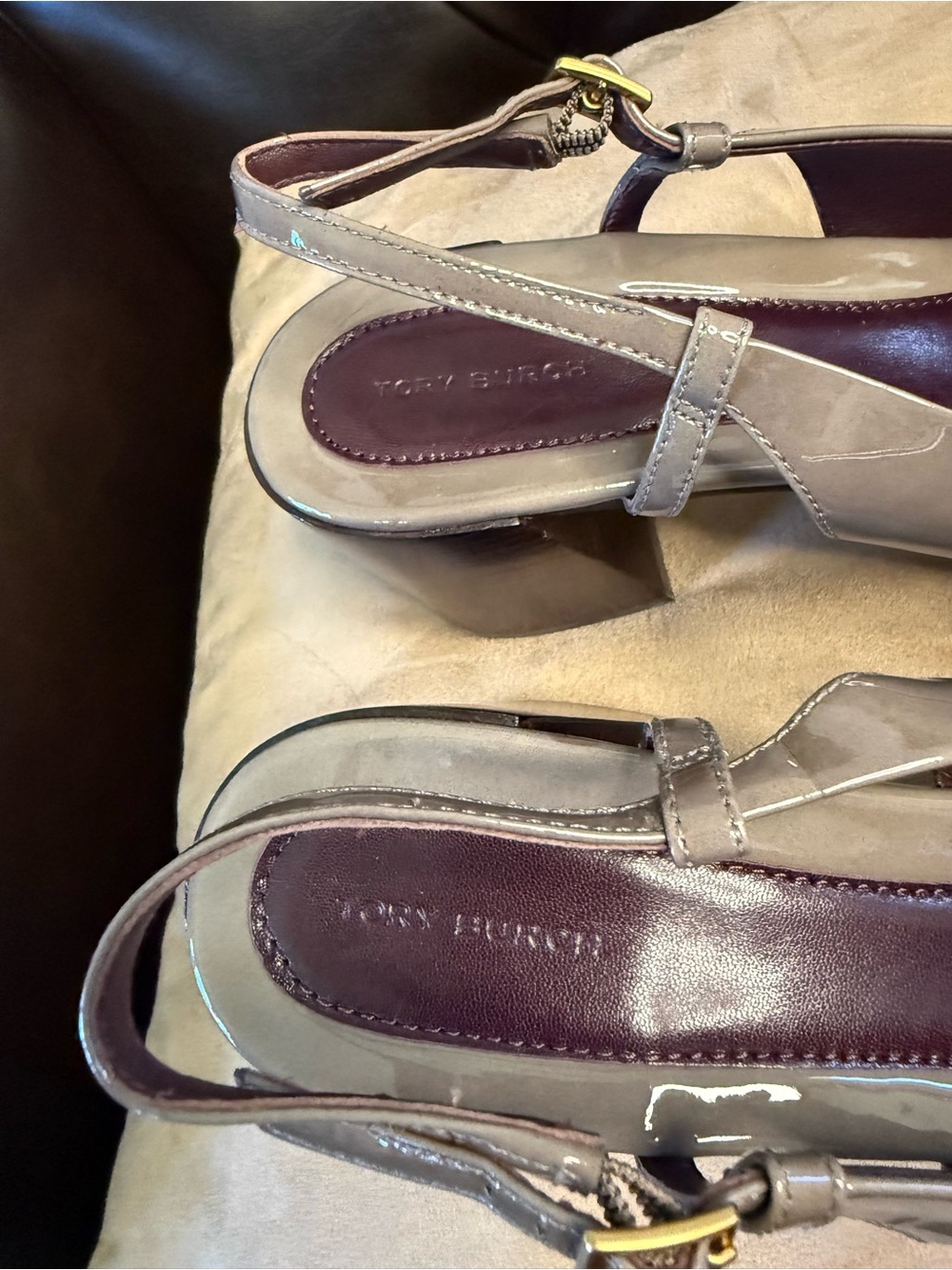 Tory Burch Taupe Patent Leather Slingback Heels with Gold Logo - Picture 12 of 15